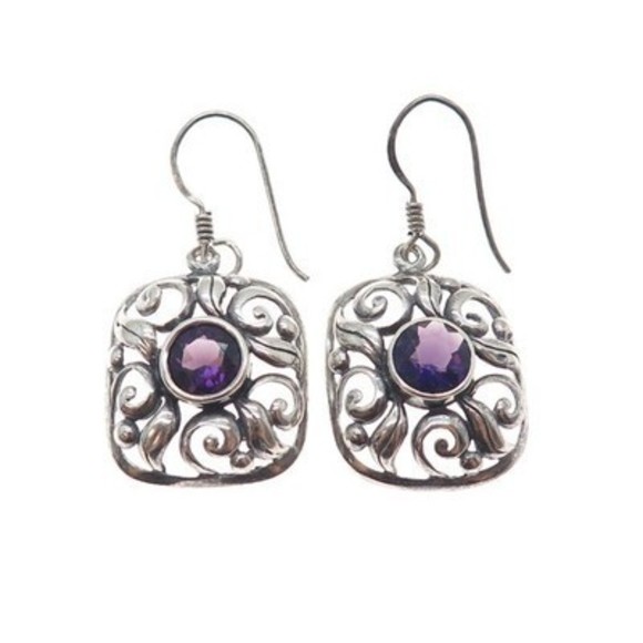 925 Sterling Silver Vintage Real Amethyst Floral Oxidized Dangle Earrings - Picture 4 of 7